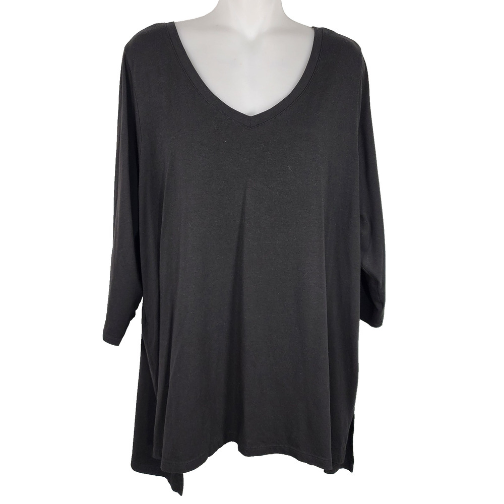Tahari Womens Tunic Top Pima Cotton Blend Hi Low 3/4 Sleeve Knit Slits Black 2X